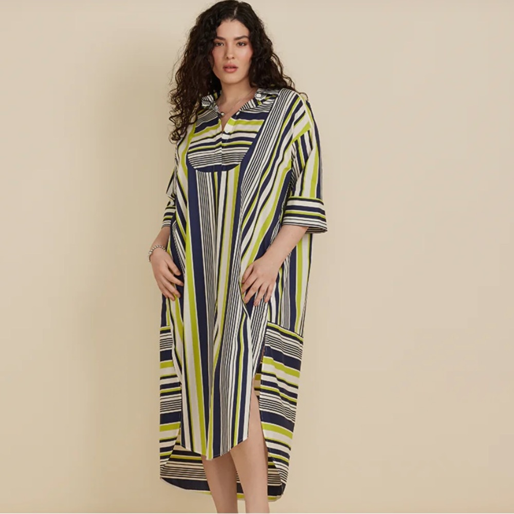 CARLA ROCKMORE Striped Maxi Dress in Navy and Lime w/ Belt - Picture 2 of 10